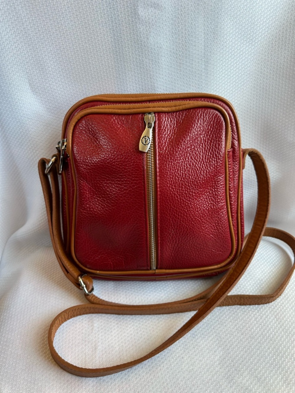 Valentina Classic Red Leather Crossbody Bag with Tan Trim